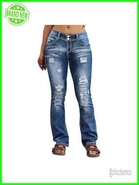 Plus Size Ripped Distressed Bootcut Jeans High Waist Stretch Flare Denim Pants